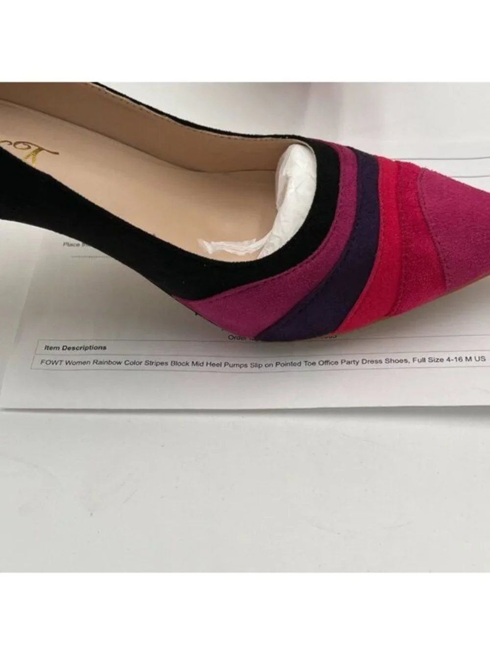 FOWT Black Rainbow Color Stripes High Heel Pumps Slip on Pointed Toe Office Shoe